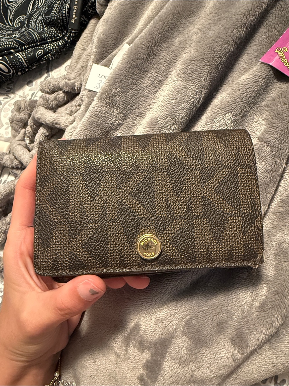 Michael Kors Brown Logo-Print Continental Wallet with Gold Button